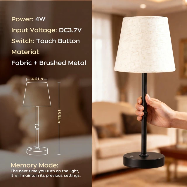 Alt view image 5 of 7 - Cordless Rechargeable Table Lamp, 6000mAh USB-C Touch Dimming Black 2 Pcs Battery Operated Fabric Lamp for Kitchen Counter, Bedroom, Living Room & Small Spaces; Soft Warm Light for Everyday Use