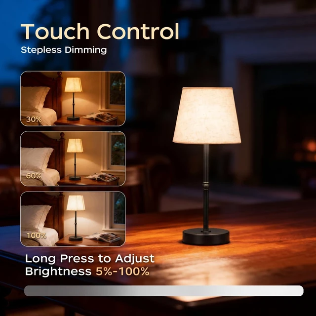 Alt view image 3 of 7 - Cordless Rechargeable Table Lamp, 6000mAh USB-C Touch Dimming Black 2 Pcs Battery Operated Fabric Lamp for Kitchen Counter, Bedroom, Living Room & Small Spaces; Soft Warm Light for Everyday Use
