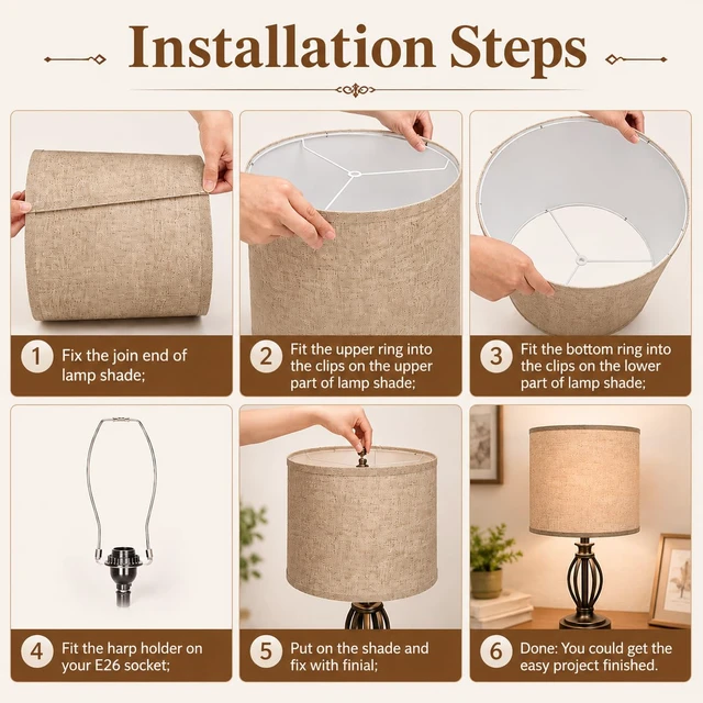 Alt view image 4 of 7 - Drum Lamp shades Set of 2 Brown linen Table Lamp Bedroom floor lamp Medium size11.6"×12.6"×9.8"drum design,Spider Fitter,even luminescence,ideal universal replacement for indoor lamp fixtures