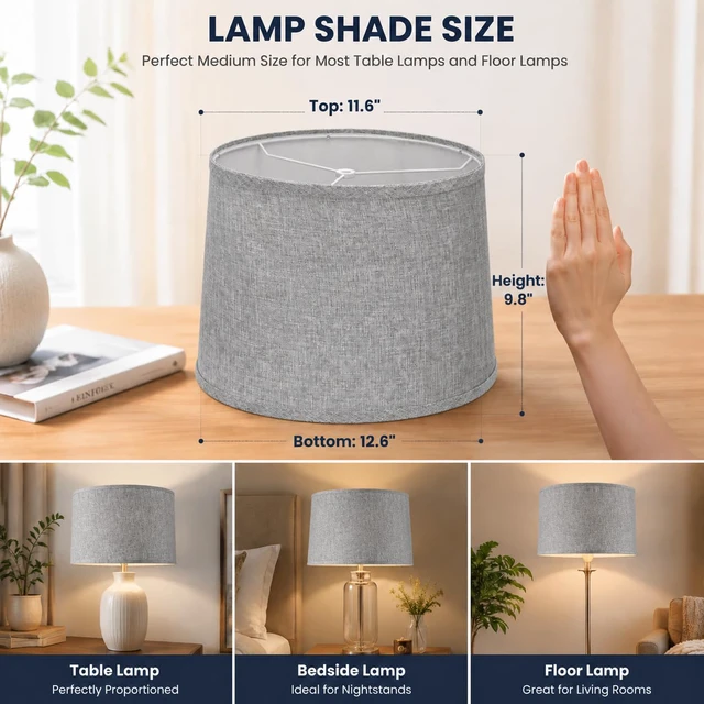 Alt view image 2 of 7 - Gray Linen Drum Lamp Shades Set of 2,Fitter for Table &Floor Lamps Medium 11.6x12.6x9.8dual-layer fabric softens light, sturdy metal frame,Spider Fitter&EasyAssembly,fits bedroom/living room