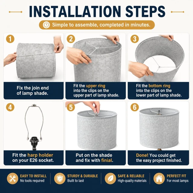 Alt view image 4 of 7 - Gray Linen Drum Lamp Shades Set of 2,Fitter for Table &Floor Lamps Medium 11.6x12.6x9.8dual-layer fabric softens light, sturdy metal frame,Spider Fitter&EasyAssembly,fits bedroom/living room