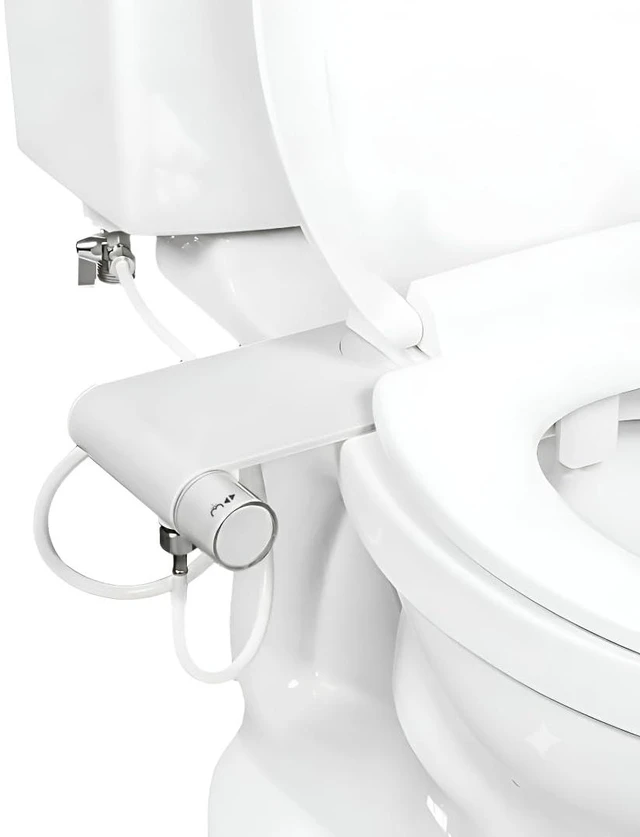 Main image of Rear & Feminine Right Handed Ultra Thin Bidet Attachment for Toilet with Self Cleaning Dual Nozzles - No Wiring Needed - Easy DIY Install - Includes Hybrid Brass 3-way T with ON/OFF & Travel Bidet