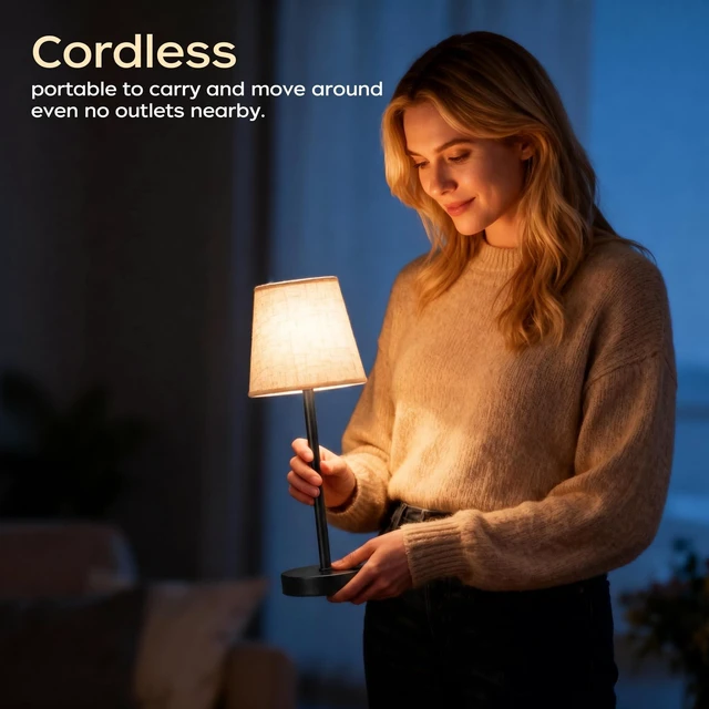 Alt view image 6 of 7 - Cordless Rechargeable Table Lamp, 6000mAh USB-C Touch Dimming Black 2 Pcs Battery Operated Fabric Lamp for Kitchen Counter, Bedroom, Living Room & Small Spaces; Soft Warm Light for Everyday Use