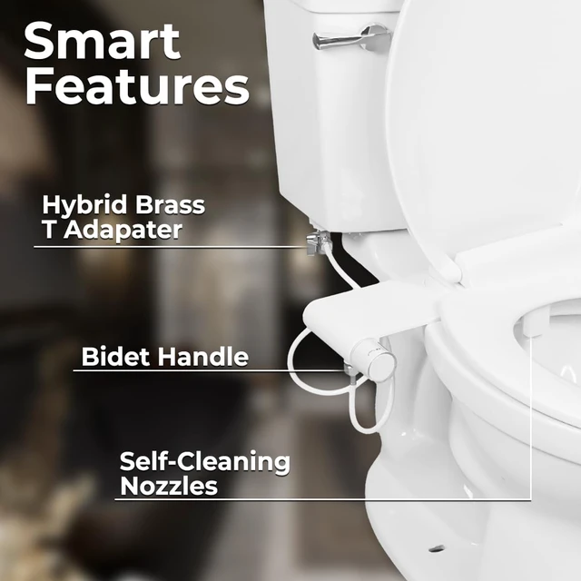 Alt view image 6 of 7 - Rear & Feminine Right Handed Ultra Thin Bidet Attachment for Toilet with Self Cleaning Dual Nozzles - No Wiring Needed - Easy DIY Install - Includes Hybrid Brass 3-way T with ON/OFF & Travel Bidet