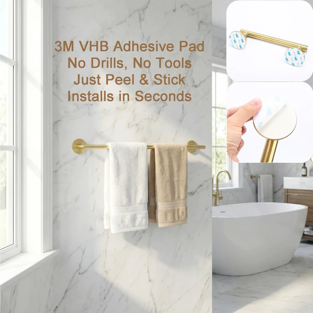 Alt view image 3 of 7 - Brushed Gold 24 Inch Self Adhesive Towel Bar for Bathroom & Kitchen
