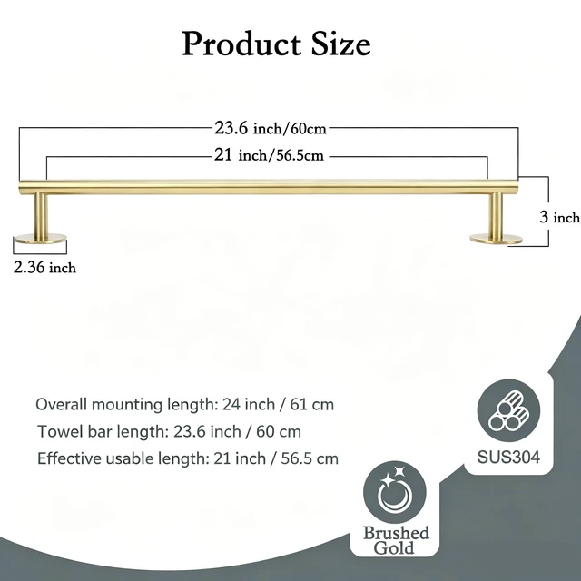 Alt view image 4 of 7 - Brushed Gold 24 Inch Self Adhesive Towel Bar for Bathroom & Kitchen