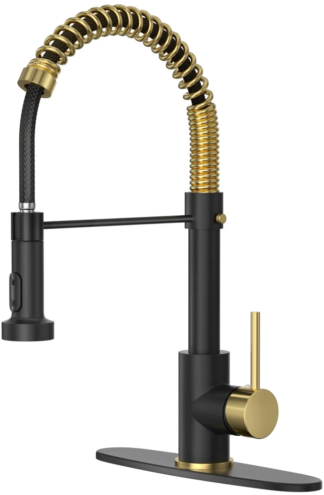 Main image of Kitchen Faucet with Pull Down Sprayer,Black Gold 1 Handle Spring Sink Faucets, Lead-Free Certified Stainless Steel,1 or 3-Hole Deck Plate,Farmhouse, RV, Bar, Laundry Room