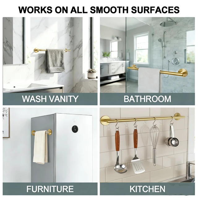 Alt view image 7 of 7 - Brushed Gold 24 Inch Self Adhesive Towel Bar for Bathroom & Kitchen