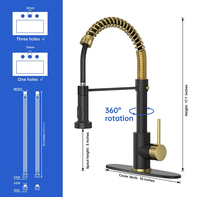 Alt view image 2 of 6 - Kitchen Faucet with Pull Down Sprayer,Black Gold 1 Handle Spring Sink Faucets, Lead-Free Certified Stainless Steel,1 or 3-Hole Deck Plate,Farmhouse, RV, Bar, Laundry Room