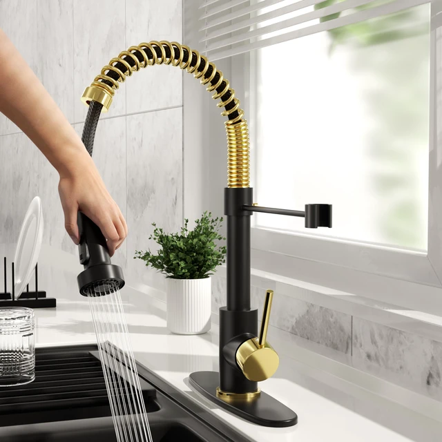 Alt view image 5 of 6 - Kitchen Faucet with Pull Down Sprayer,Black Gold 1 Handle Spring Sink Faucets, Lead-Free Certified Stainless Steel,1 or 3-Hole Deck Plate,Farmhouse, RV, Bar, Laundry Room