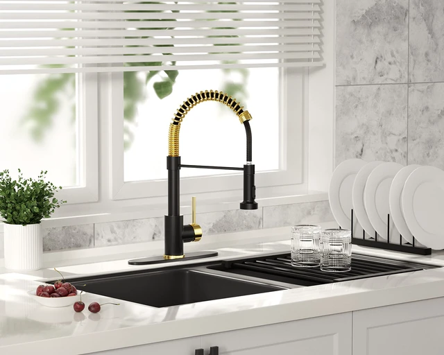 Alt view image 6 of 6 - Kitchen Faucet with Pull Down Sprayer,Black Gold 1 Handle Spring Sink Faucets, Lead-Free Certified Stainless Steel,1 or 3-Hole Deck Plate,Farmhouse, RV, Bar, Laundry Room