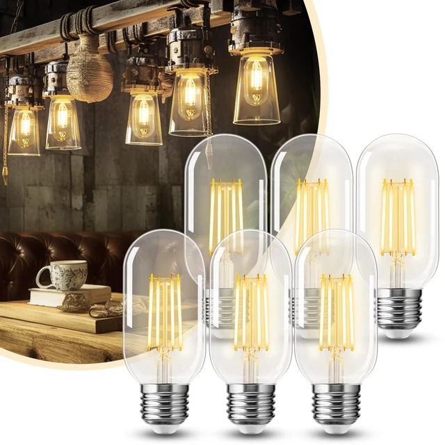 Main image of 6 Pack LED Edison Bulbs,4W Edison Light Bulbs,LED Filament Bulbs 40W Equivalent,E26 Base,T45 LED Bulb with Clear Glass,Warm White 2700K,Non Dimmable,Great for Home,Bedroom,Office