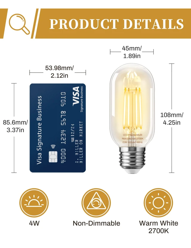 Alt view image 4 of 7 - 6 Pack LED Edison Bulbs,4W Edison Light Bulbs,LED Filament Bulbs 40W Equivalent,E26 Base,T45 LED Bulb with Clear Glass,Warm White 2700K,Non Dimmable,Great for Home,Bedroom,Office