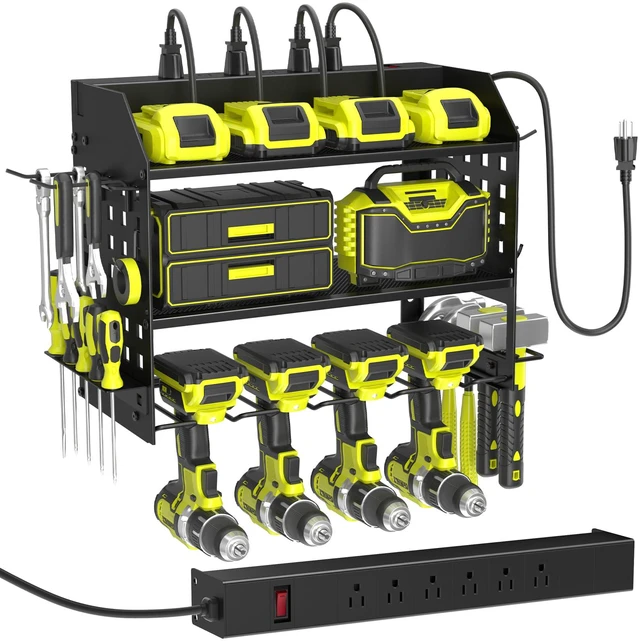 Main image of Power Tool Organizer Wall Mount with Charging Station,3 Layer,Black Metal Tool Storage Rack with 4 Drill Holders, Heavy Duty Power Tool Shelf for Garage,Warehouse,Workshop, Gift for Men,Husband