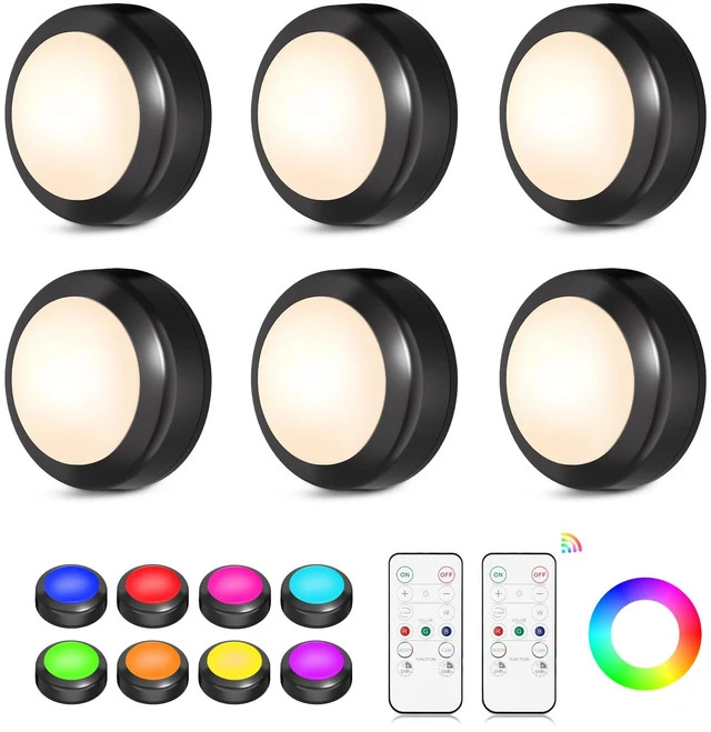 Main image of LED Puck Lights with Remote Control, 16 Color Changing Under Cabinet Lighting with Dimmer & Timer, AAA Battery Operated,Under for Closet Bedroom Kitchen, Stair (6 Pack Black)