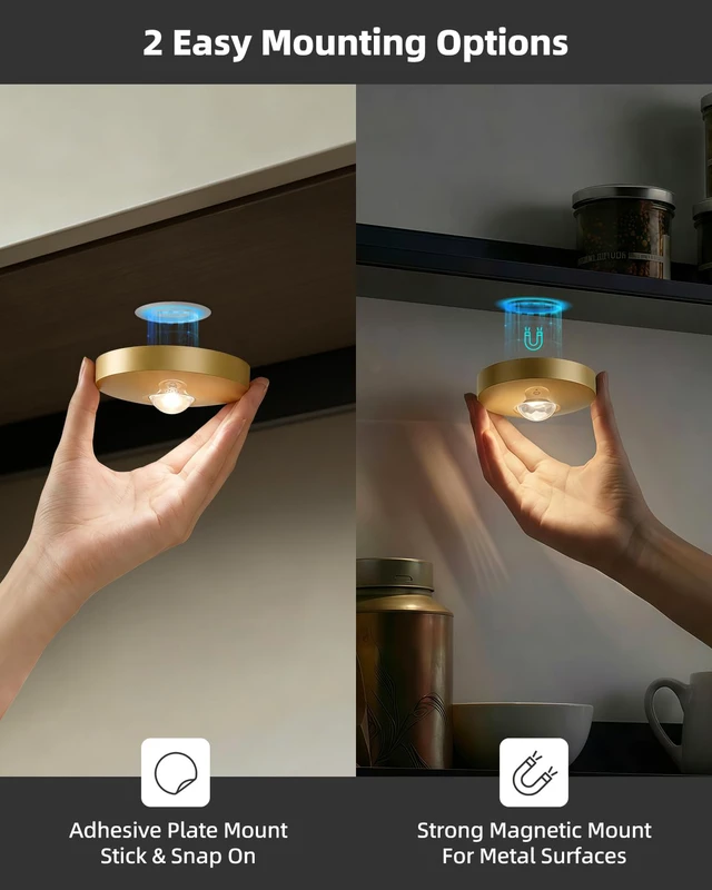 Alt view image 3 of 7 - Rechargeable Puck Lights with Remote Control, 1500mAh Battery Operated Tap Lights, Dimmer & Timer Under Cabinet, Wireless LED Stick-On for Closet, Bedroom, Kitchen - Gold 3Pcs
