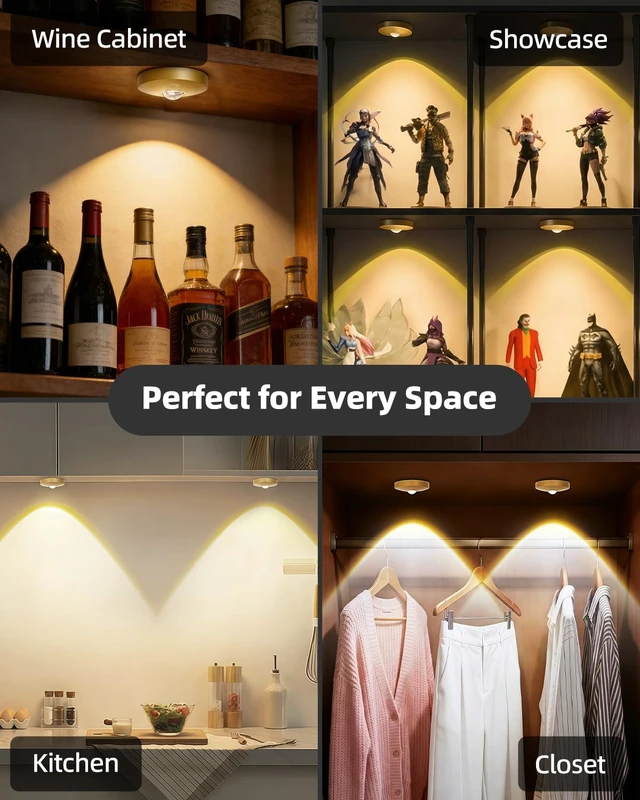 Alt view image 4 of 7 - Rechargeable Puck Lights with Remote Control, 1500mAh Battery Operated Tap Lights, Dimmer & Timer Under Cabinet, Wireless LED Stick-On for Closet, Bedroom, Kitchen - Gold 3Pcs