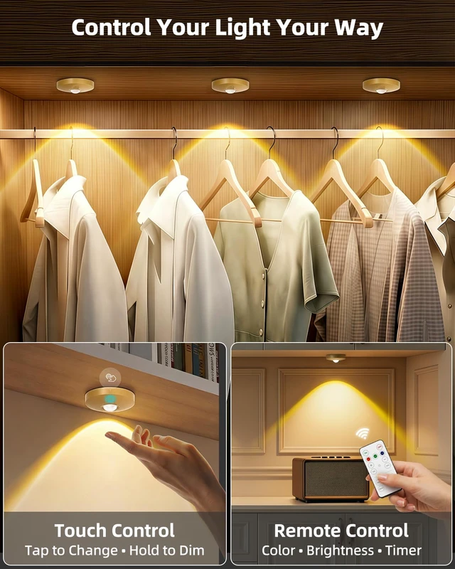 Alt view image 6 of 7 - Rechargeable Puck Lights with Remote Control, 1500mAh Battery Operated Tap Lights, Dimmer & Timer Under Cabinet, Wireless LED Stick-On for Closet, Bedroom, Kitchen - Gold 3Pcs