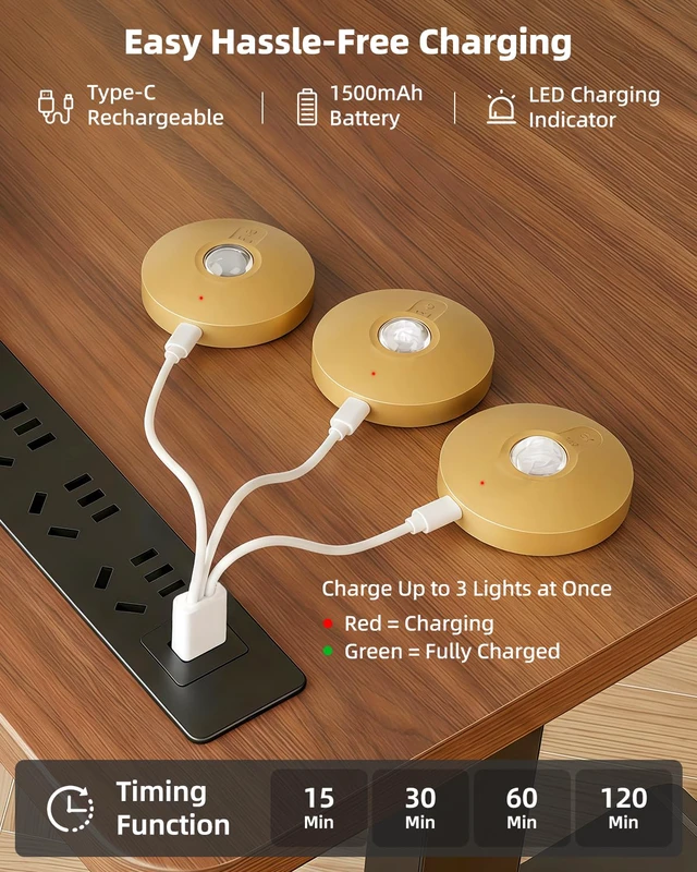 Alt view image 5 of 7 - Rechargeable Puck Lights with Remote Control, 1500mAh Battery Operated Tap Lights, Dimmer & Timer Under Cabinet, Wireless LED Stick-On for Closet, Bedroom, Kitchen - Gold 3Pcs
