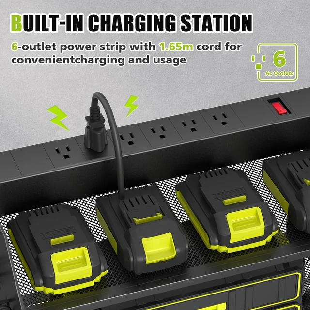 Alt view image 2 of 7 - Power Tool Organizer Wall Mount with Charging Station,3 Layer,Black Metal Tool Storage Rack with 4 Drill Holders, Heavy Duty Power Tool Shelf for Garage,Warehouse,Workshop, Gift for Men,Husband