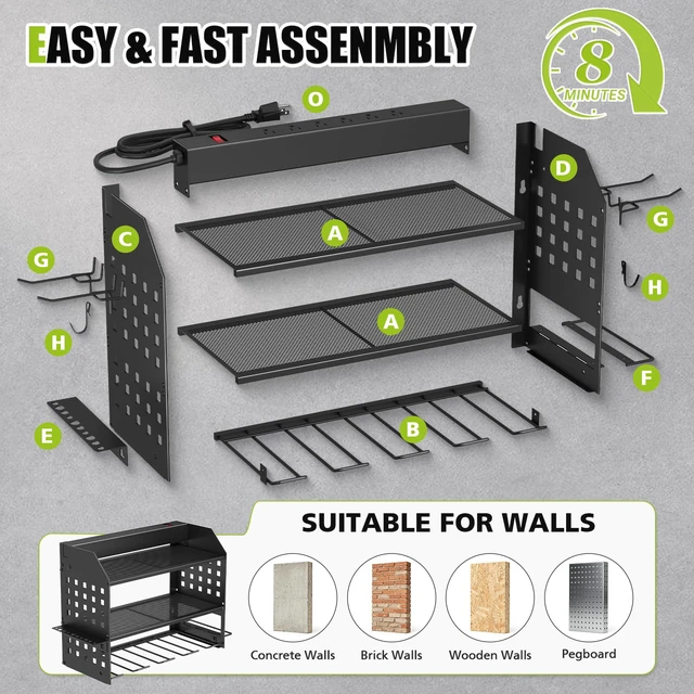 Alt view image 4 of 7 - Power Tool Organizer Wall Mount with Charging Station,3 Layer,Black Metal Tool Storage Rack with 4 Drill Holders, Heavy Duty Power Tool Shelf for Garage,Warehouse,Workshop, Gift for Men,Husband