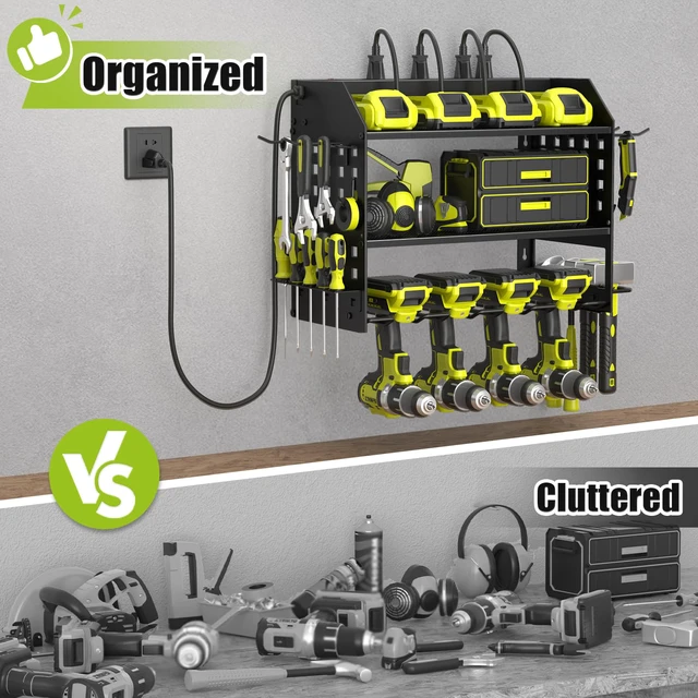 Alt view image 3 of 7 - Power Tool Organizer Wall Mount with Charging Station,3 Layer,Black Metal Tool Storage Rack with 4 Drill Holders, Heavy Duty Power Tool Shelf for Garage,Warehouse,Workshop, Gift for Men,Husband