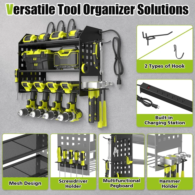 Alt view image 5 of 7 - Power Tool Organizer Wall Mount with Charging Station,3 Layer,Black Metal Tool Storage Rack with 4 Drill Holders, Heavy Duty Power Tool Shelf for Garage,Warehouse,Workshop, Gift for Men,Husband