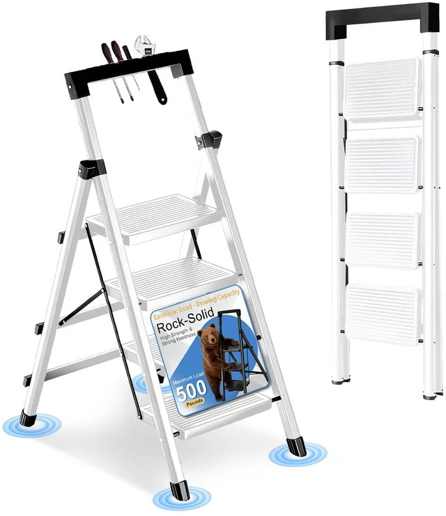 Main image of 4 Step Ladder with Handrail Folding Step Stool with Tool Tray 500LBS Capacity Sturdy Carbon Steel Frame Anti-Slip Stripe Pedal for Home Kitchen Garage (white-4step)