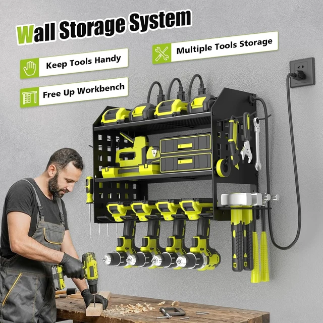 Alt view image 7 of 7 - Power Tool Organizer Wall Mount with Charging Station,3 Layer,Black Metal Tool Storage Rack with 4 Drill Holders, Heavy Duty Power Tool Shelf for Garage,Warehouse,Workshop, Gift for Men,Husband