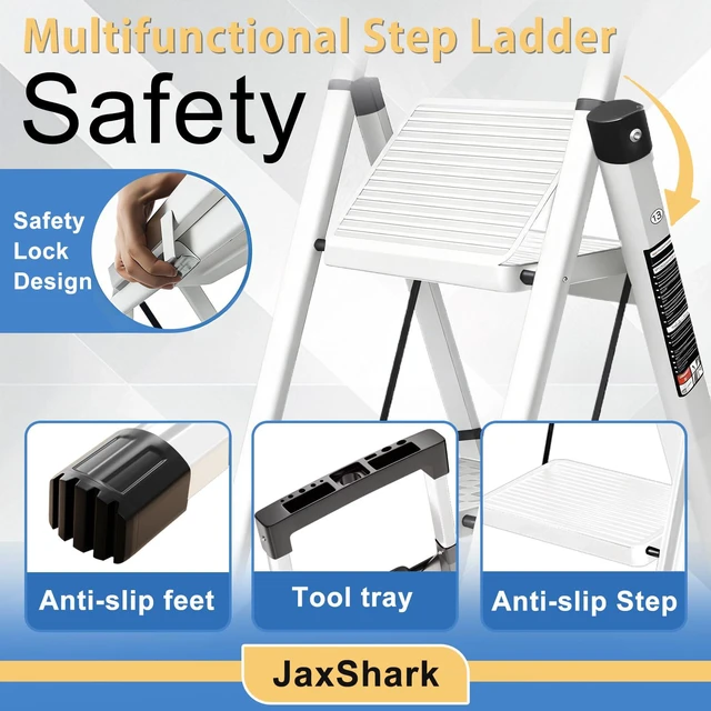 Alt view image 2 of 7 - 4 Step Ladder with Handrail Folding Step Stool with Tool Tray 500LBS Capacity Sturdy Carbon Steel Frame Anti-Slip Stripe Pedal for Home Kitchen Garage (white-4step)