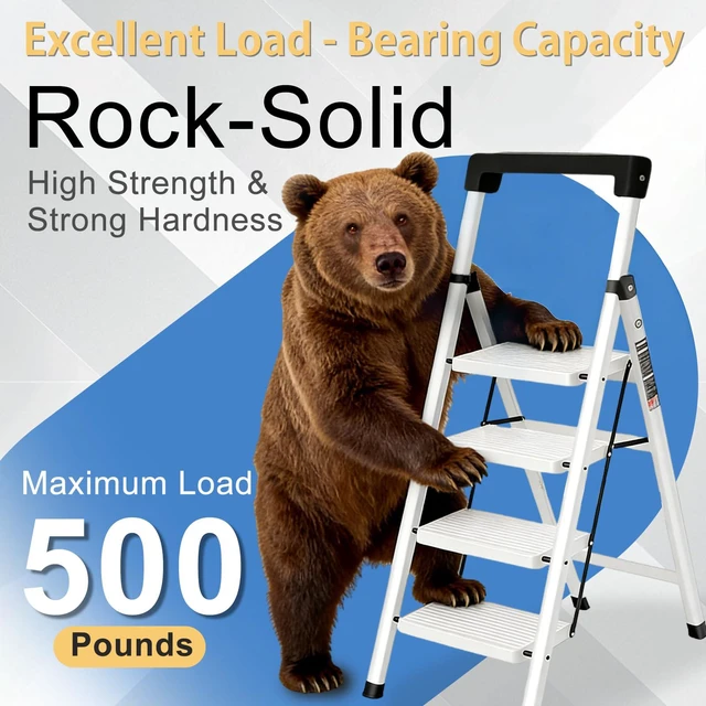 Alt view image 3 of 7 - 4 Step Ladder with Handrail Folding Step Stool with Tool Tray 500LBS Capacity Sturdy Carbon Steel Frame Anti-Slip Stripe Pedal for Home Kitchen Garage (white-4step)