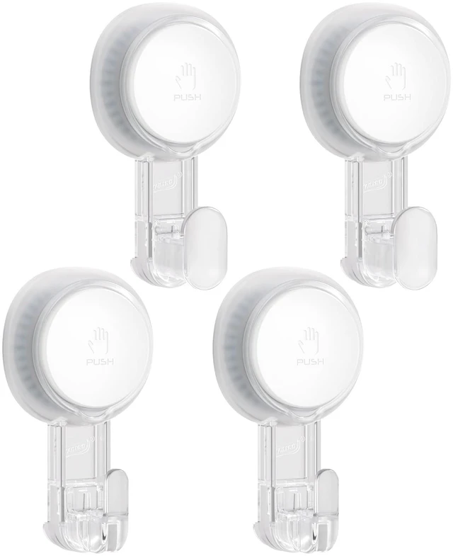 Main image of 4 Pack Powerful Suction Cup Hooks for Shower, Towels & Loofahs, Clear Removable Shower Hooks for Inside Shower, 360° Rotatable, No-Drill Damage-free Hanger for Bathroom Wall Glass Door Mirror
