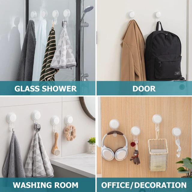 Alt view image 6 of 7 - 4 Pack Powerful Suction Cup Hooks for Shower, Towels & Loofahs, Clear Removable Shower Hooks for Inside Shower, 360° Rotatable, No-Drill Damage-free Hanger for Bathroom Wall Glass Door Mirror