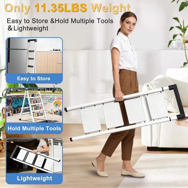 Alt view image 5 of 7 - 4 Step Ladder with Handrail Folding Step Stool with Tool Tray 500LBS Capacity Sturdy Carbon Steel Frame Anti-Slip Stripe Pedal for Home Kitchen Garage (white-4step)