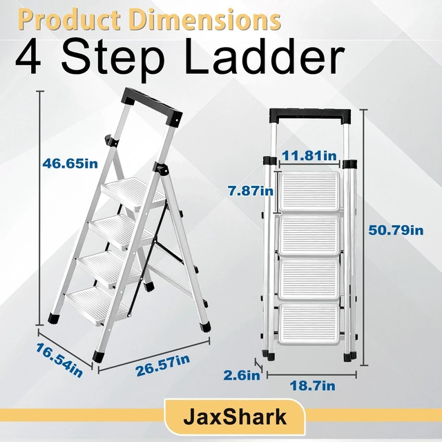 Alt view image 6 of 7 - 4 Step Ladder with Handrail Folding Step Stool with Tool Tray 500LBS Capacity Sturdy Carbon Steel Frame Anti-Slip Stripe Pedal for Home Kitchen Garage (white-4step)