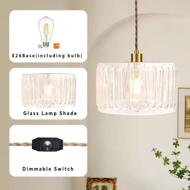 Alt view image 4 of 7 - Glass Plug in Pendant Light Hanging Lights with Plug in Cord Milk White Hanging Lamp Gold Dimmable Mid Century Modern Plug in Chandelier Ceiling Fixture for Living Room,Kitchen,Boho
