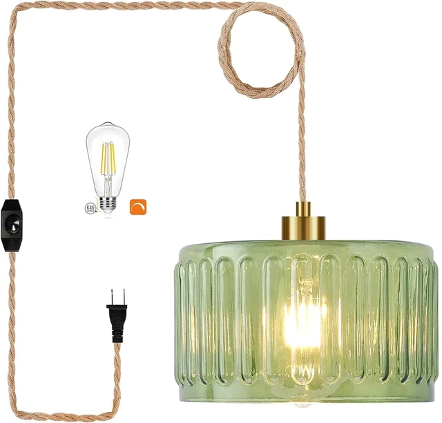 Main image of Plug in Pendant Light Hanging Lights with Plug in Cord Boho Hanging Lamp Glass Gold Mid Century Modern Vintage Dimmable Green Flower Plug in Chandelier Ceiling Fixture for Living Room,Kitchen