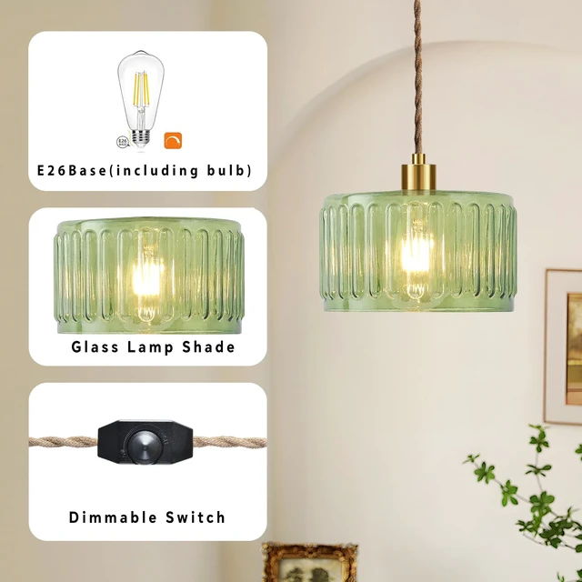 Alt view image 4 of 7 - Plug in Pendant Light Hanging Lights with Plug in Cord Boho Hanging Lamp Glass Gold Mid Century Modern Vintage Dimmable Green Flower Plug in Chandelier Ceiling Fixture for Living Room,Kitchen