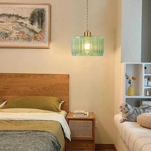 Alt view image 6 of 7 - Plug in Pendant Light Hanging Lights with Plug in Cord Boho Hanging Lamp Glass Gold Mid Century Modern Vintage Dimmable Green Flower Plug in Chandelier Ceiling Fixture for Living Room,Kitchen