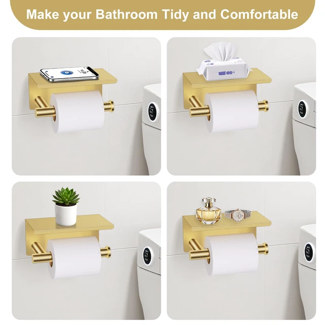 Alt view image 3 of 7 - Brushed Gold Bathroom Hardware Set, 5 Pieces Gold Towel Bar Bathroom Accessories, Upgraded Toilet Paper Holder with Shelf Set, 23.6 Inch Towel Rack Towel Holder for Bathroom Wall