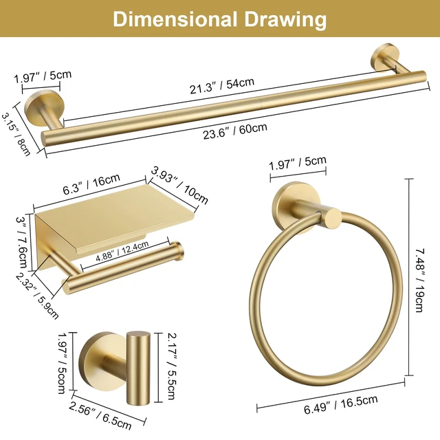 Alt view image 6 of 7 - Brushed Gold Bathroom Hardware Set, 5 Pieces Gold Towel Bar Bathroom Accessories, Upgraded Toilet Paper Holder with Shelf Set, 23.6 Inch Towel Rack Towel Holder for Bathroom Wall