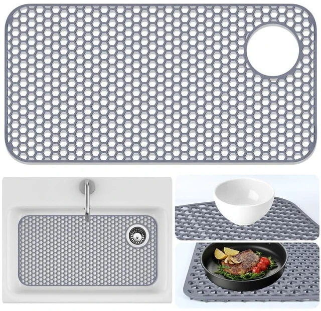 Main image of Sink Protector for Kitchen Sink Mat - 28.35"x14.37" Kitchen Sink Pad for Bottom of Sink Protec of Stainless Steel Sink Tableware Farmhouse Rubber Sink Mat Protector with Top Right Drain - Light Gray