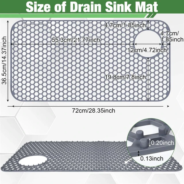 Alt view image 2 of 6 - Sink Protector for Kitchen Sink Mat - 28.35"x14.37" Kitchen Sink Pad for Bottom of Sink Protec of Stainless Steel Sink Tableware Farmhouse Rubber Sink Mat Protector with Top Right Drain - Light Gray