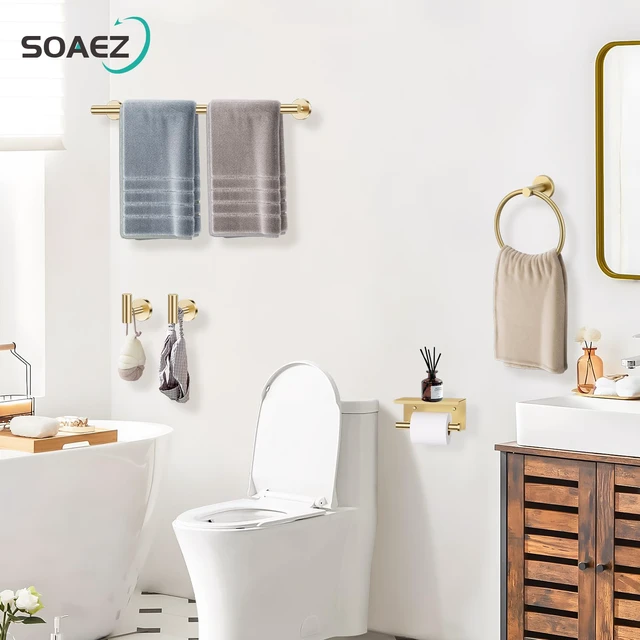 Alt view image 7 of 7 - Brushed Gold Bathroom Hardware Set, 5 Pieces Gold Towel Bar Bathroom Accessories, Upgraded Toilet Paper Holder with Shelf Set, 23.6 Inch Towel Rack Towel Holder for Bathroom Wall