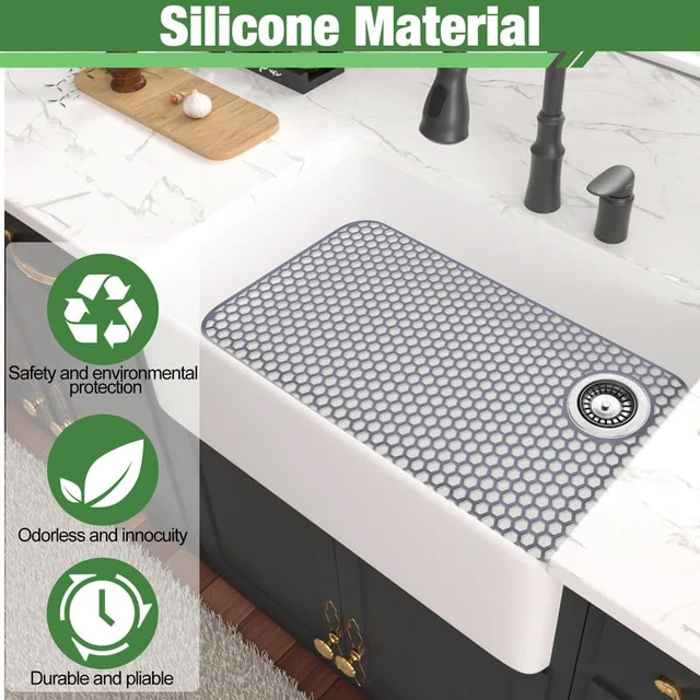 Alt view image 4 of 6 - Sink Protector for Kitchen Sink Mat - 28.35"x14.37" Kitchen Sink Pad for Bottom of Sink Protec of Stainless Steel Sink Tableware Farmhouse Rubber Sink Mat Protector with Top Right Drain - Light Gray
