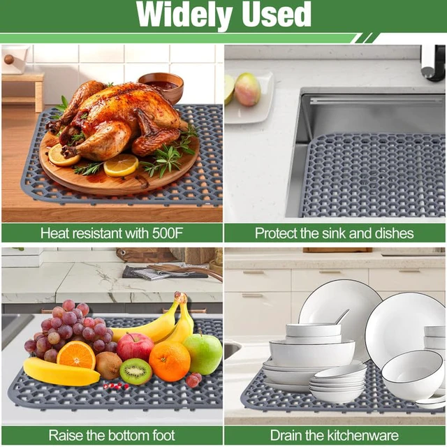 Alt view image 5 of 6 - Sink Protector for Kitchen Sink Mat - 28.35"x14.37" Kitchen Sink Pad for Bottom of Sink Protec of Stainless Steel Sink Tableware Farmhouse Rubber Sink Mat Protector with Top Right Drain - Light Gray