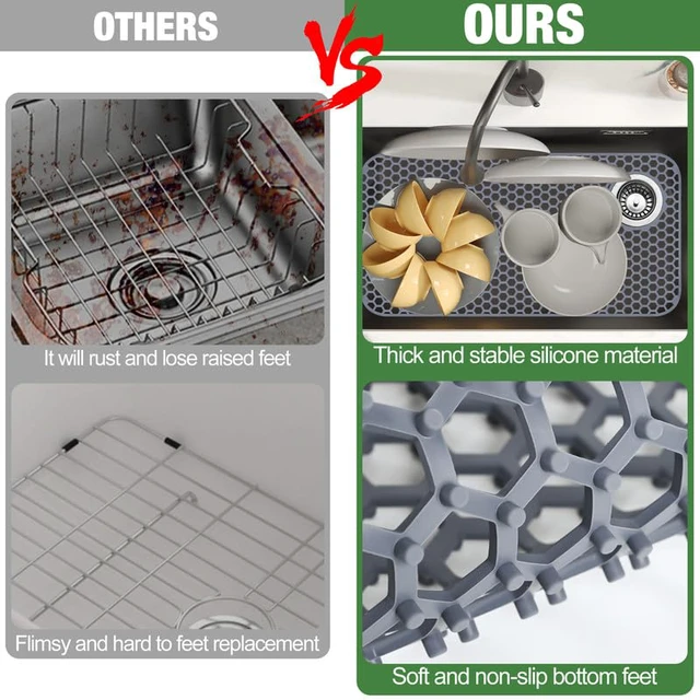 Alt view image 6 of 6 - Sink Protector for Kitchen Sink Mat - 28.35"x14.37" Kitchen Sink Pad for Bottom of Sink Protec of Stainless Steel Sink Tableware Farmhouse Rubber Sink Mat Protector with Top Right Drain - Light Gray