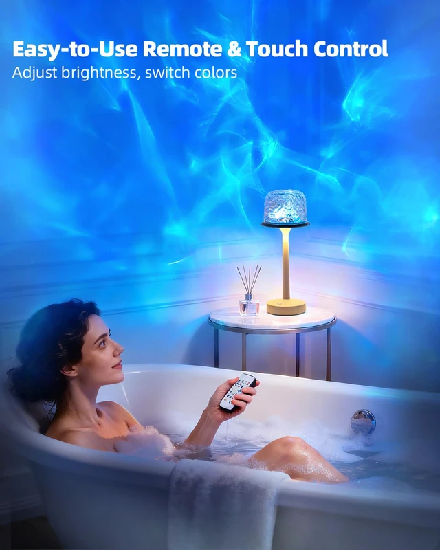 Alt view image 2 of 6 - Waterproof Shower Lamp, Ocean Wave Projector Rechargeable Bathroom Night Light for Home Spa 2-in-1 Cordless Table Lamp, 16 Colors Remote Touch Control Relaxing Gifts Women & Kids