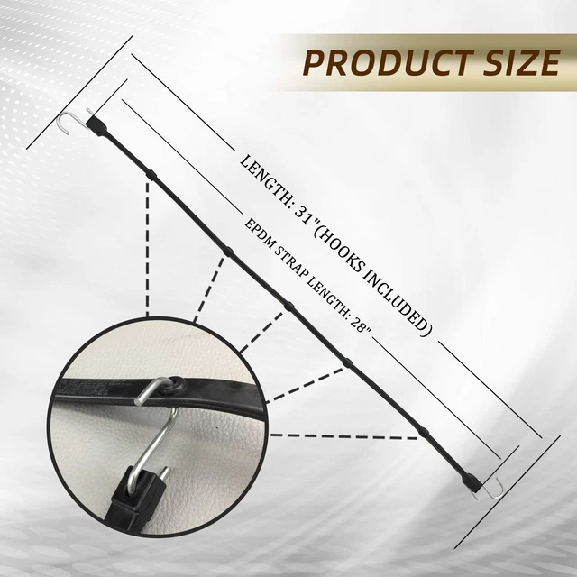 Alt view image 2 of 7 - Adjustable 31" Rubber Tarp Straps with 150% Max Stretch, 100% EPDM Bungee Cords with Metal Crimped S Hooks, Ideal for Securing Tarps, Cargo, Canvases, Weatherproof (10 Pack)