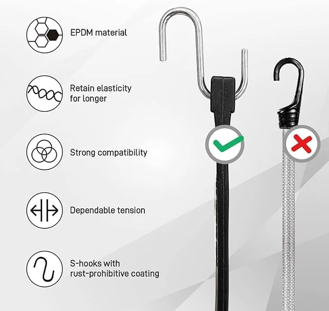 Alt view image 4 of 7 - Adjustable 31" Rubber Tarp Straps with 150% Max Stretch, 100% EPDM Bungee Cords with Metal Crimped S Hooks, Ideal for Securing Tarps, Cargo, Canvases, Weatherproof (10 Pack)